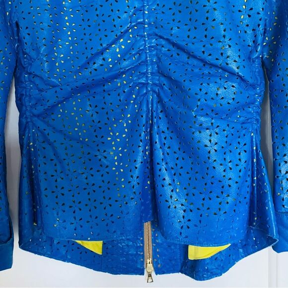 dianaira Royal Blue Perforated Floral Pattern Lambskin Leather Blazer Jacket - Picture 8 of 9